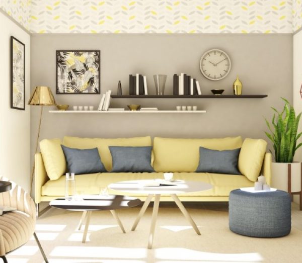 Image of bright living room with yellow couch